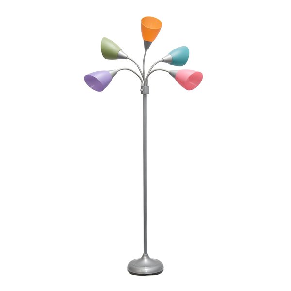 Simple Designs 5 Light Adjustable Gooseneck Silver Floor Lamp with Fun Multicolored Shades LF2006-SLM